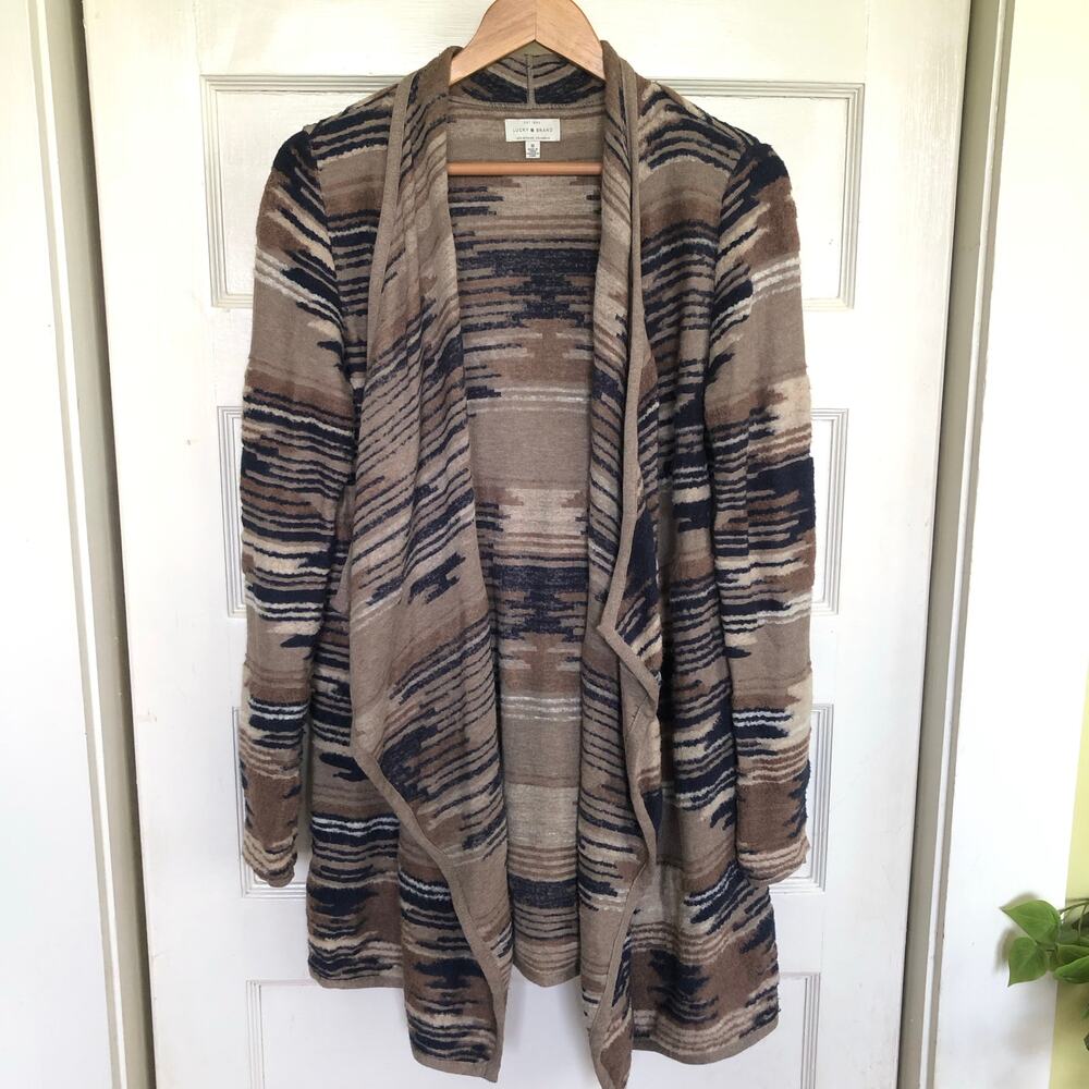 Lucky Brand Open Front Cardigan M Longline Textured‎ Knit Southwestern Boho